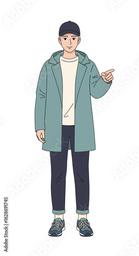 A young man in a casual hooded coat and baseball cap pointing his finger sideways to indicate or present something. Full body isolated illustration.