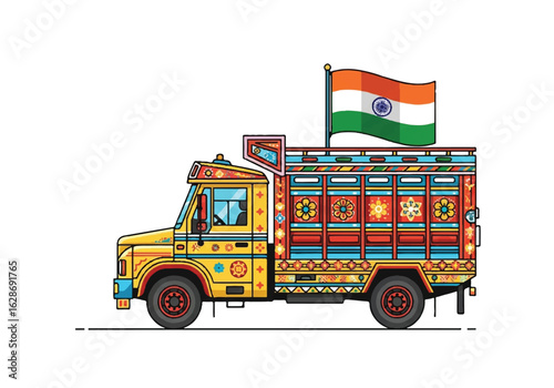 Colorful Indian truck with intricate decorations and an Indian flag waving on top, isolated on a white background.
