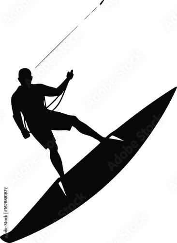 black silhouette a kite surfer in air on white bac.eps