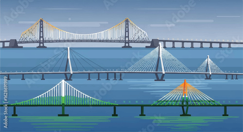 Illustration of four different suspension bridges over water, each with unique designs and colors, against a cloudy sky.