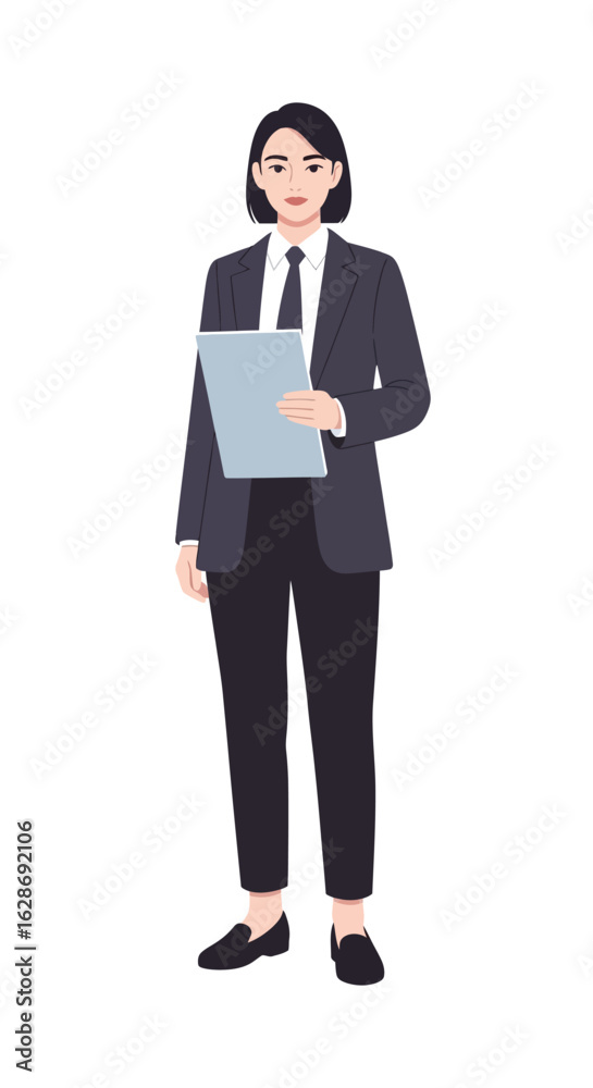 Vector illustration of a professional businesswoman in a formal suit holding documents. A concept for corporate success and career. Vector illustration of a professional businesswoman in a formal suit holding documents. A concept for corporate success and career.