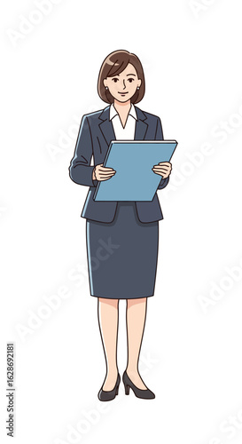 An illustration of a professional businesswoman in a formal suit standing and holding a clipboard, representing a corporate employee or manager