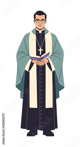 A clergyman in full vestments embodying faith and service. Vector illustration of a priest holding a holy book.