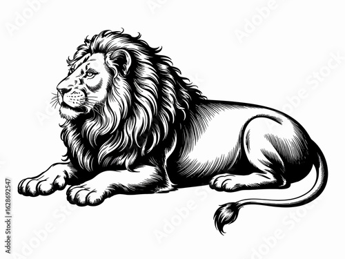 Majestic Lion Resting on a White Background in a Detailed Black and White Illustration animal wildlife