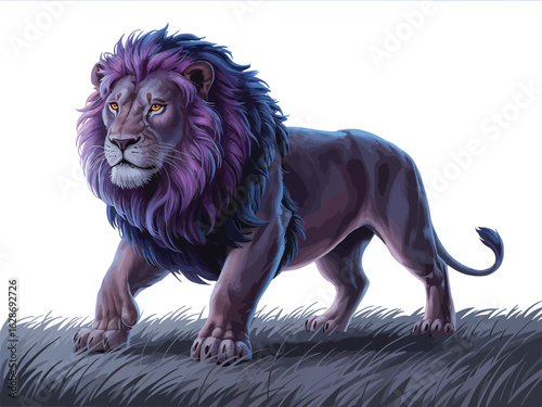 Majestic purple and blue maned lion walking on grass with white background animal wildlife