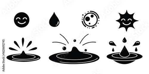 Vector art of collection of black and white water drop and splash icons and symbols, isolated on white background.
