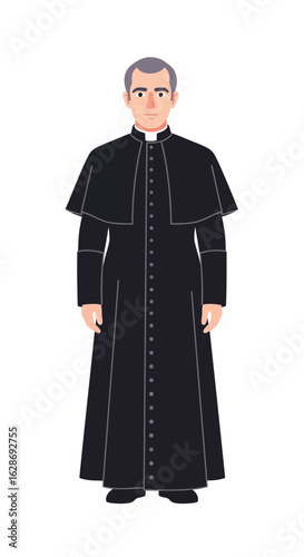 Full-length illustration of a Catholic clergyman in a traditional black cassock and clerical collar. Male priest character vector.