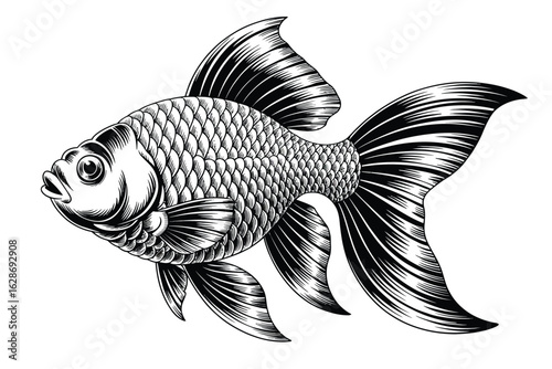 Ornate Black and White Goldfish Illustration with Flowing Fins and Scales aquatic animal