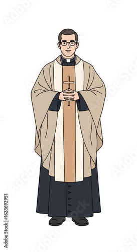 A full-length illustration of a Christian priest in traditional vestments, a serene depiction of a clergyman for religious concepts.