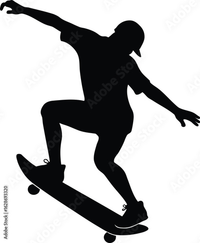 black silhouette a skateboarder doing trick on whi.eps