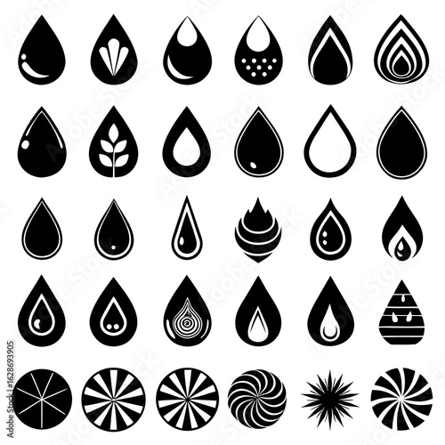 Assortment of Black Water Drop Icons with Diverse Internal Designs drops liquid