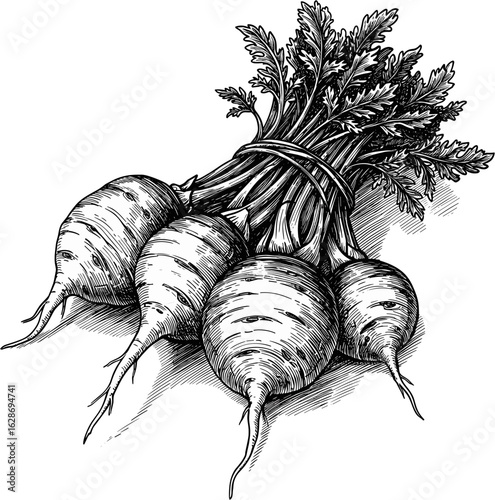 Bunch of vegetables with green top in black and white sketch
