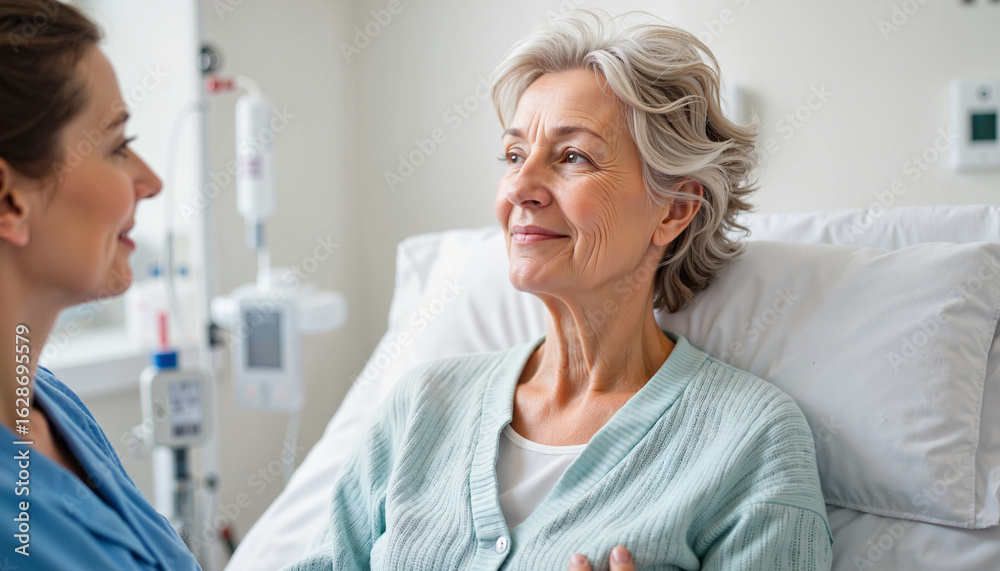 Fototapeta premium Calm patient receiving IV chemotherapy in hospital room, health resilience