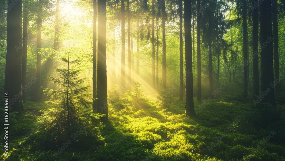 Obraz premium The mystic atmosphere of a natural spruce forest is created as sunbeams penetrate the fog