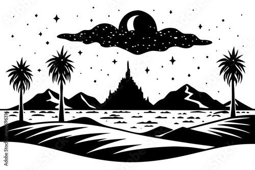 Tropical landscape with castle moon stars palms silhouette vector illustration