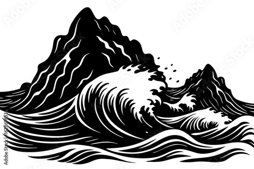 Mountain wave ocean sea nature landscape storm danger silhouette vector illustration