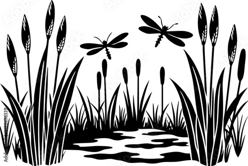 Dragonfly cattail pond wetland nature insect wildlife flying silhouettte vector illustration