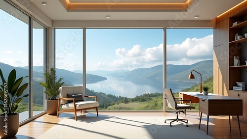 Modern home office with panoramic mountain and lake views