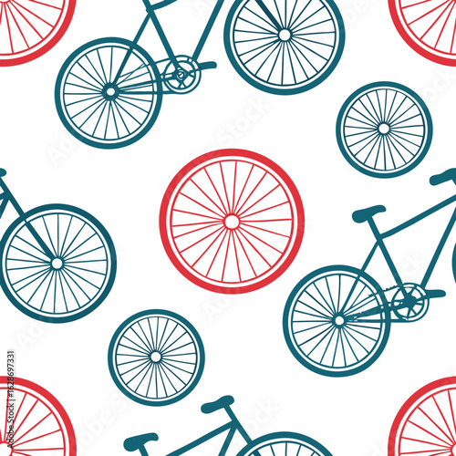 Teal bicycle and vibrant red wheel forms an intricate pattern against a clean white background