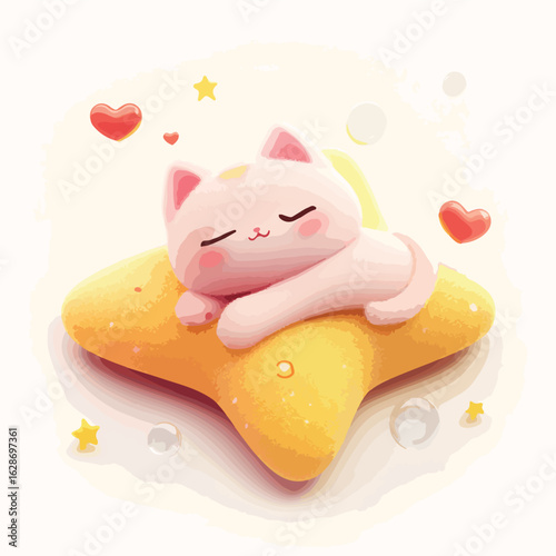 Pink Cartoon Cat Sleeping on Yellow