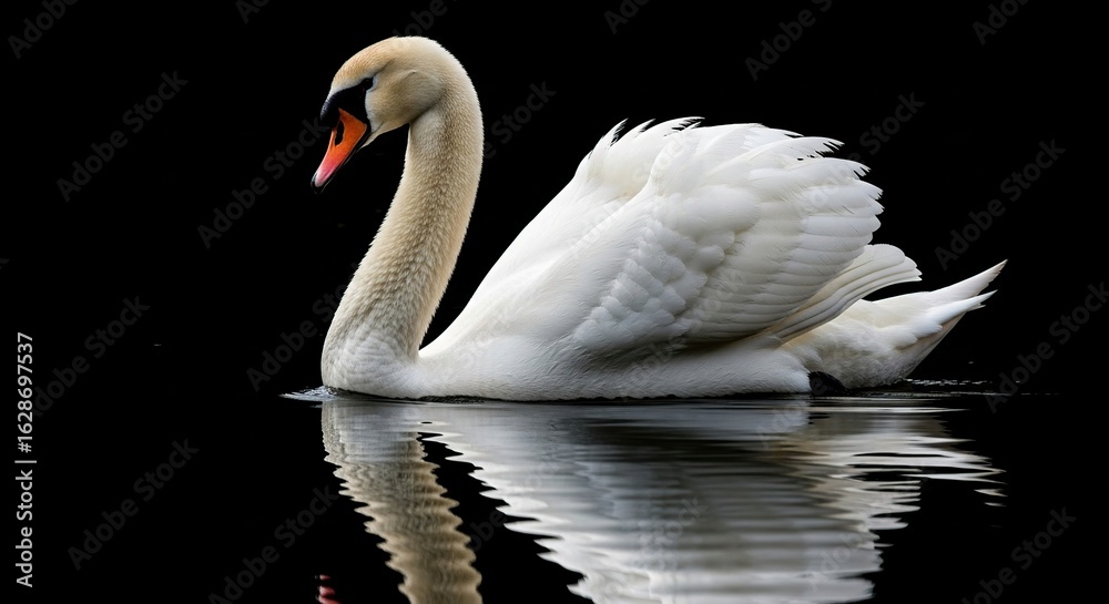 Fototapeta premium Elegant white swan gracefully glides through dark water with reflection