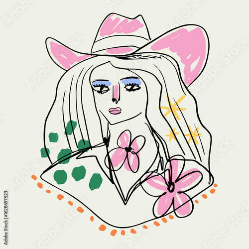 Cowgirl Portrait With Star Elements Boho Art Cute Girly Vector Clipart
