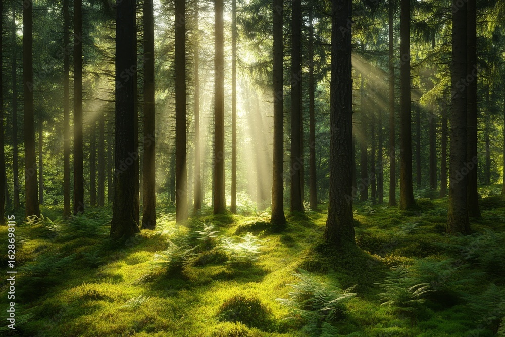 Fototapeta premium Early morning in the coniferous forest brings filtered sunlight through the branches and fog, with green ferns and many other plants fully saturated