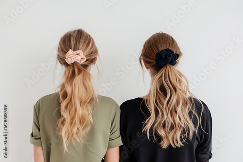 Two women with wavy blonde hair wearing pink and black scrunchies, Back view indoor portrait, Fashionable hairstyle accessories, Minimalist style photography

