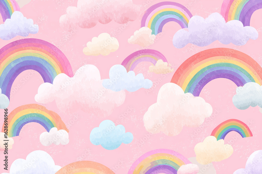 Fototapeta premium Cute rainbow and cloud pattern on pink background.