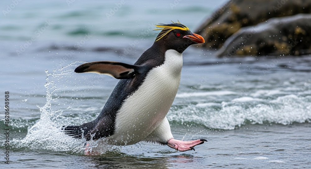 Fototapeta premium Rockhopper penguin emerges from ocean water with splash
