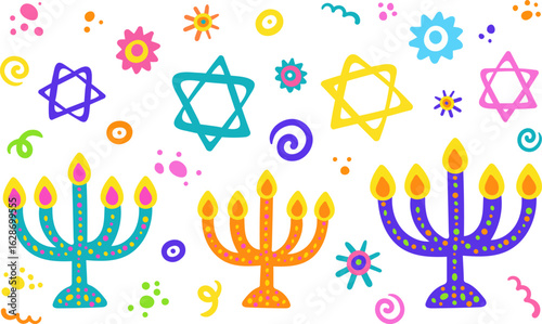 Wejewish holiday hanukkah clipart set hand drawn menorahs flame stars bright fun symbols for greeting cards posters web design
