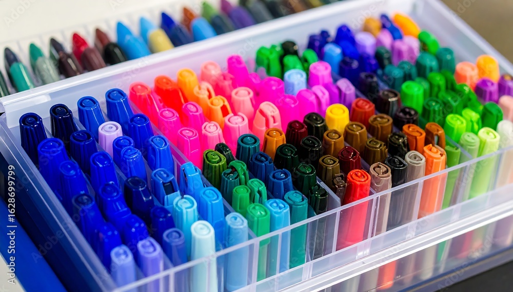 Fototapeta premium Colorful Markers Organized in a Transparent Case