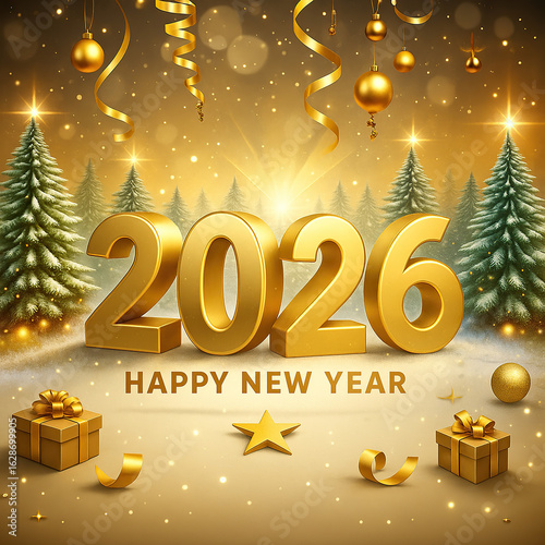 2026 Happy New Year Celebration with Golden Decorations