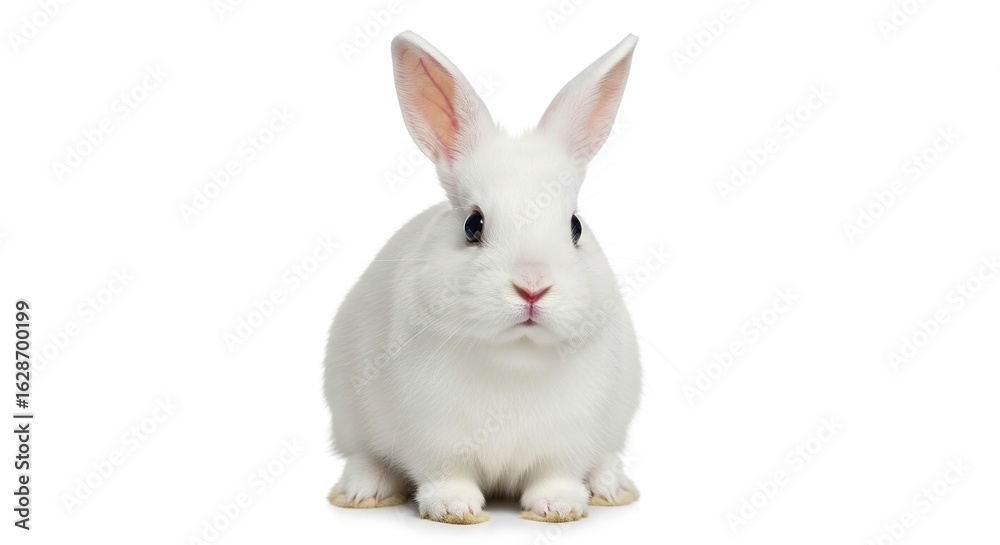 Obraz premium Adorable fluffy white rabbit sitting upright on a white background