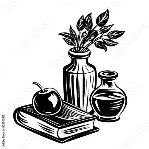 Elegant Still Life Composition: A meticulously rendered black and white illustration showcases an exquisite still life arrangement featuring a book, a single apple, and artful vases.

Язык ключевых сл