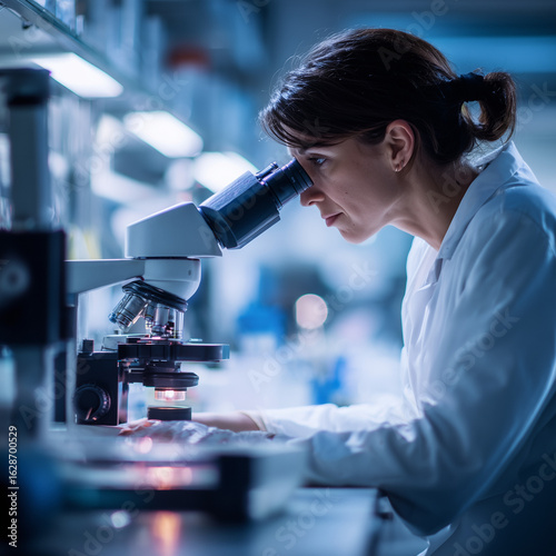  Female Scientist Using Microscope in Laboratory United Kingdom