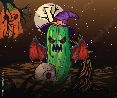 Halloween pickle hat with skull landscape design