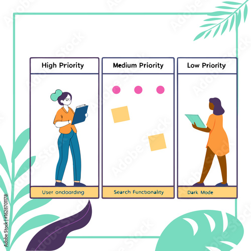 Visual representation of project management tasks categorized by priority levels high medium and low featuring user onboarding search functionality and dark mode