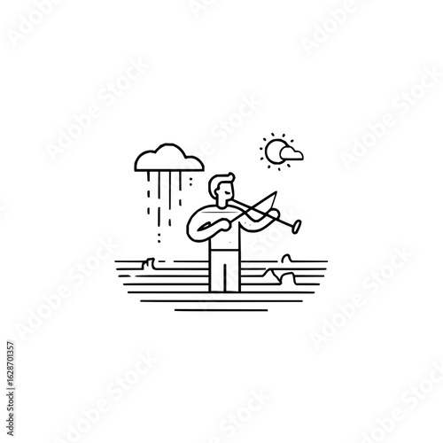 Violin player in rain and sun weather musician performance line art music instrument cloud sun artistic design