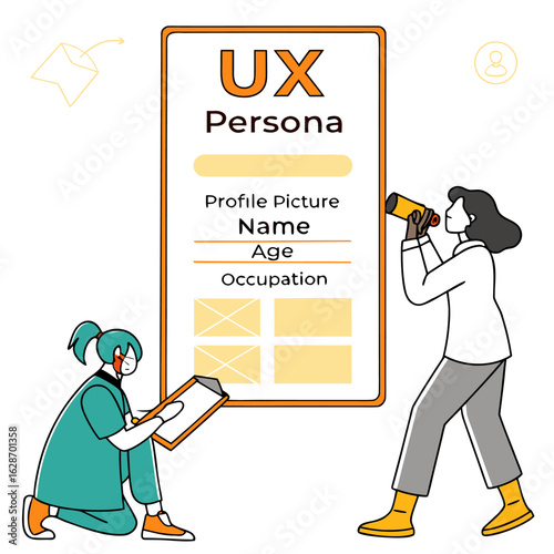 Two people collaborating on a ux persona profile document one observing with a telescope and the other taking notes on a clipboard
