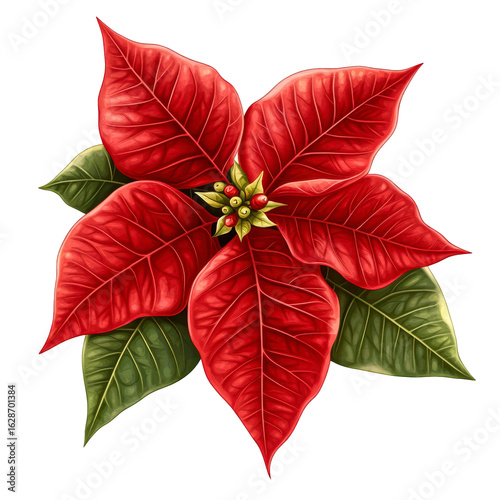 Vibrant Red Poinsettia Festive Holiday Flower Christmas Bloom Botanical Illustration, isolated on transparent background cutout