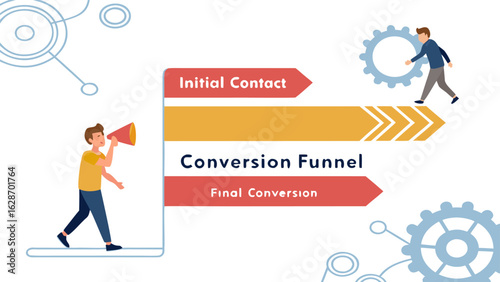 Illustrative representation of a customer journey through a marketing conversion funnel starting with initial contact and culminating in final conversion with a person using a megaphone