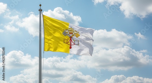 Vatican City National Flag Waving on Tall Flagpole in Sky with Clouds – Vatican City Independence Day Celebration, Patriotism, Freedom, Vatican City Culture & Heritage