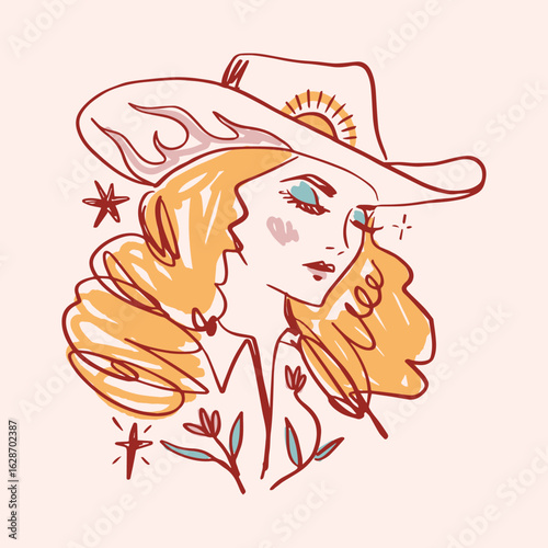 Cowgirl Portrait With Star Elements Boho Art Cute Girly Vector Clipart
