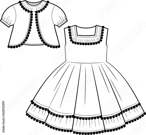 Cute girls dress and bolero flat sketch, pom pom trim detail, sleeveless dress design, front fashion technical drawing illustration