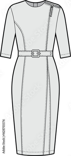 Elegant midi dress fashion sketch with belt and half sleeves, fitted pencil silhouette technical drawing for women’s apparel design