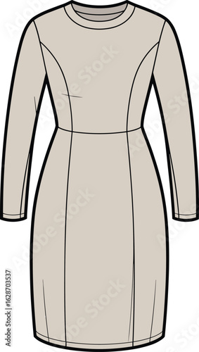 Elegant midi dress fashion sketch with belt and half sleeves, fitted pencil silhouette technical drawing for women’s apparel design