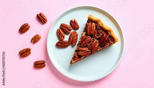 A slice of delicious pecan pie on a pastel-colored plate, accompanied by scattered pecan halves. Sweet treat, autumn flavors, delightful dessert.