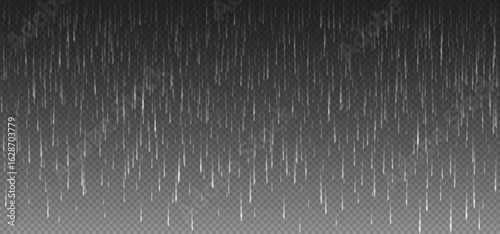 Rainfall texture on transparent background. Vertical streaks of rain create downpour vector effect for weather designs or rain png overlay website template in digital projects. Realistic seamless rain
