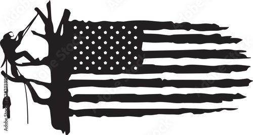 Print Vector art of silhouette of an arborist climbing a tree with an american flag design